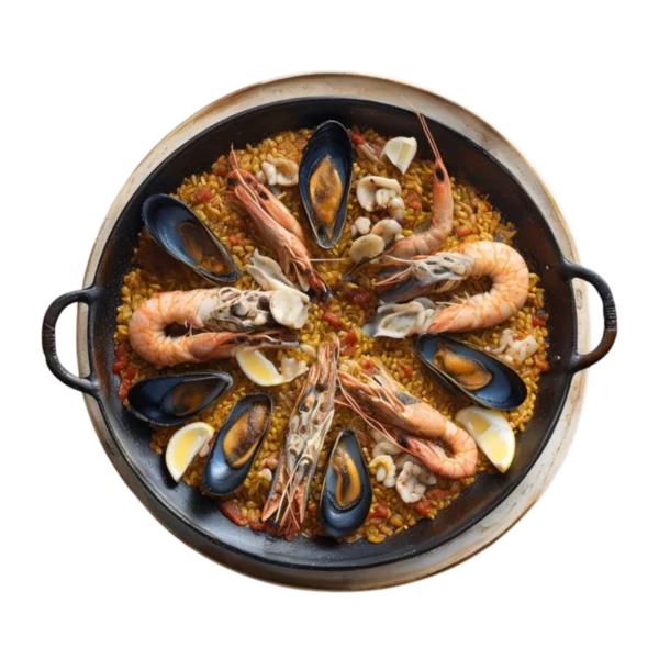 Paella de marisco con gambas, mejillones, langostinos y calamares en Kokcha Barcelona