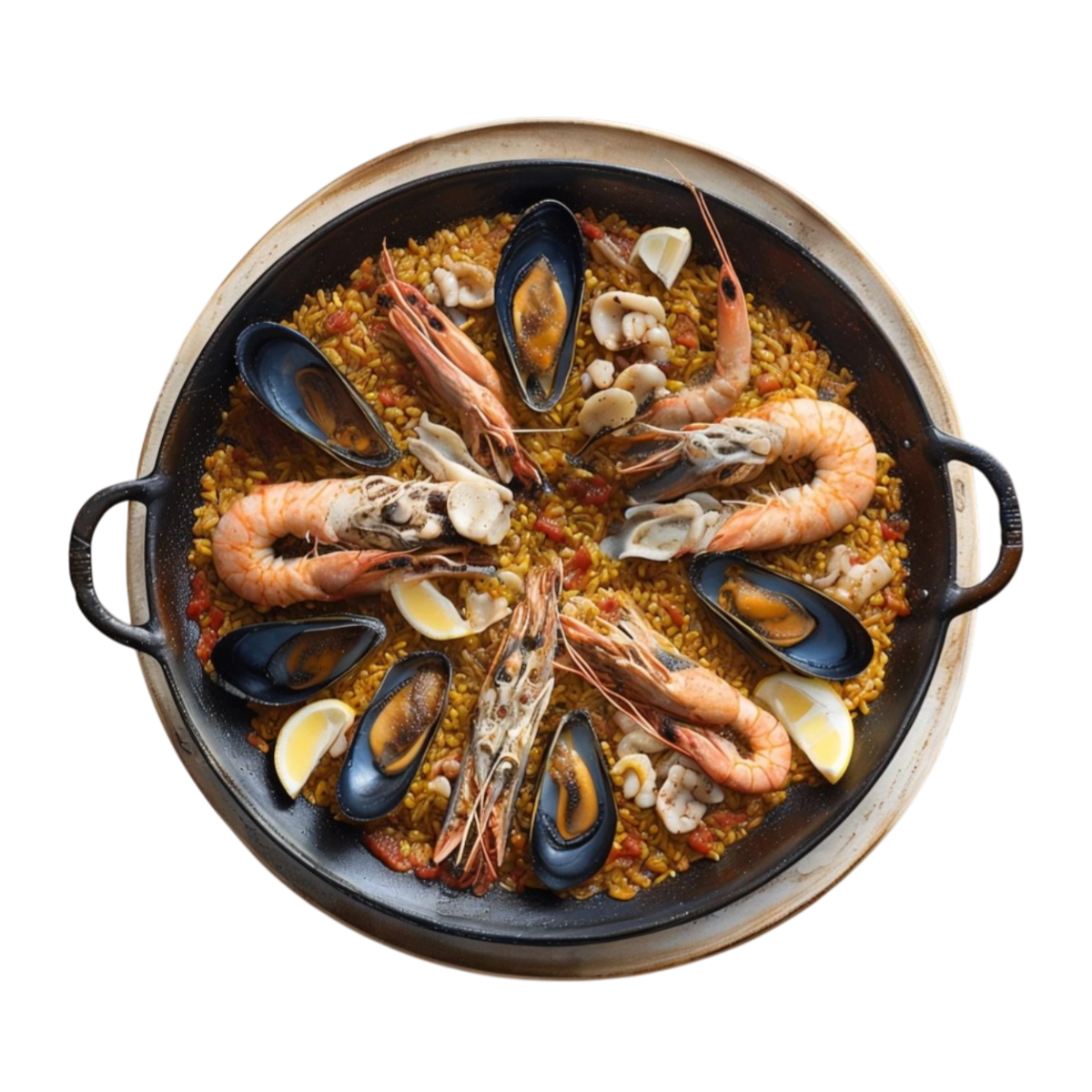 Paella de marisco con gambas, mejillones, langostinos y calamares en Kokcha Barcelona