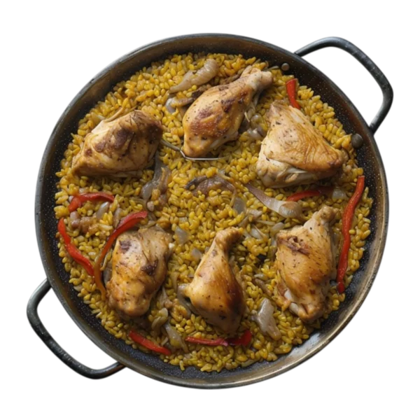 Paella de pollo con arroz bomba y sofrito de pimientos en Kokcha Barcelona
