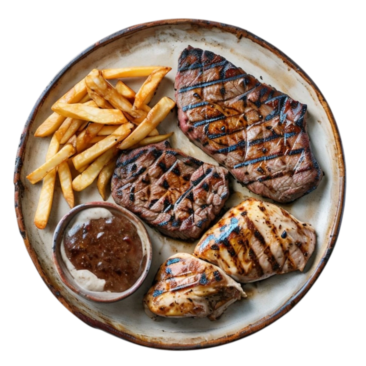 Parrillada mixta de ternera y pollo marinado con patatas en Kokcha Barcelona