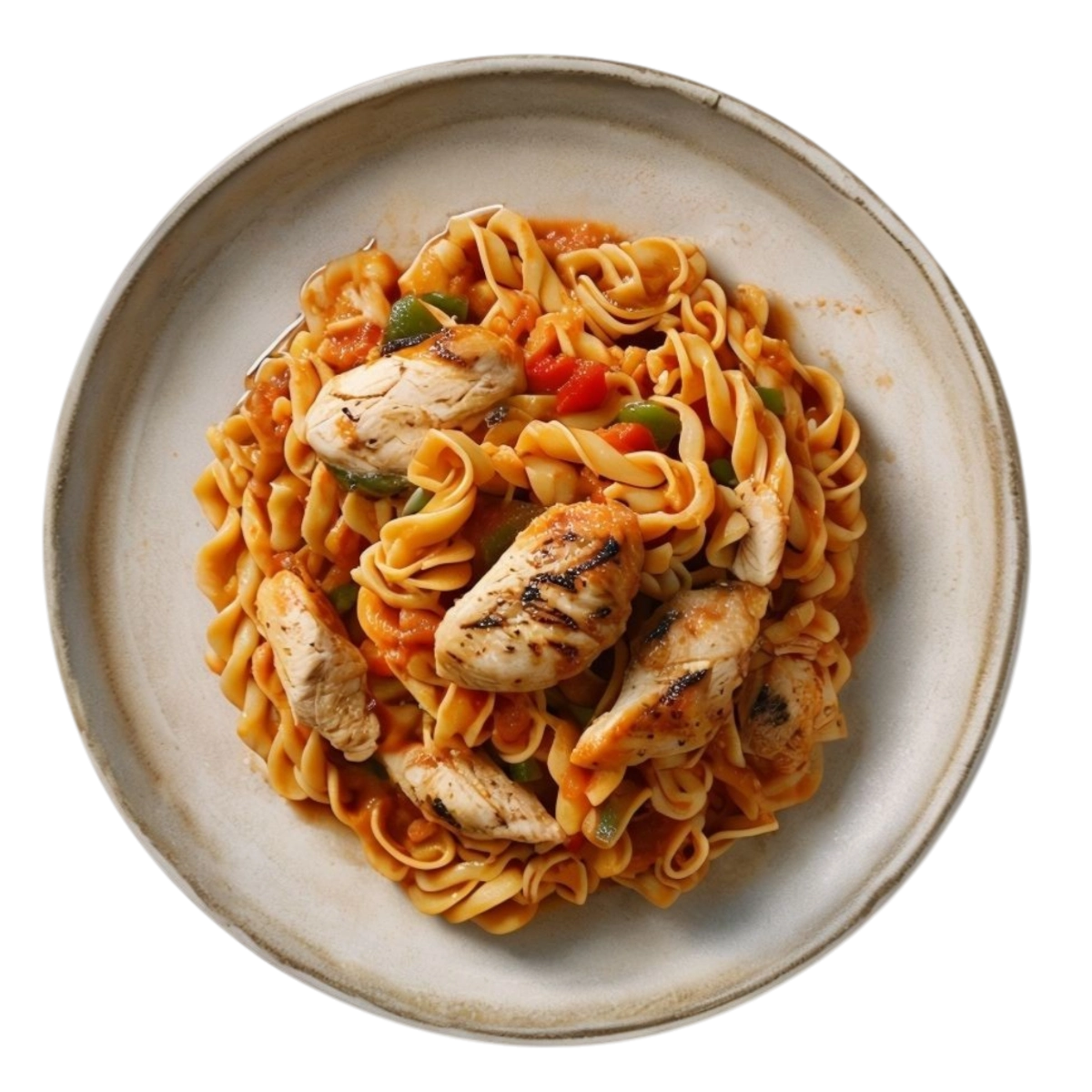 Pasta con pollo, tomate y pimientos rojos y verdes en Kokcha Barcelona