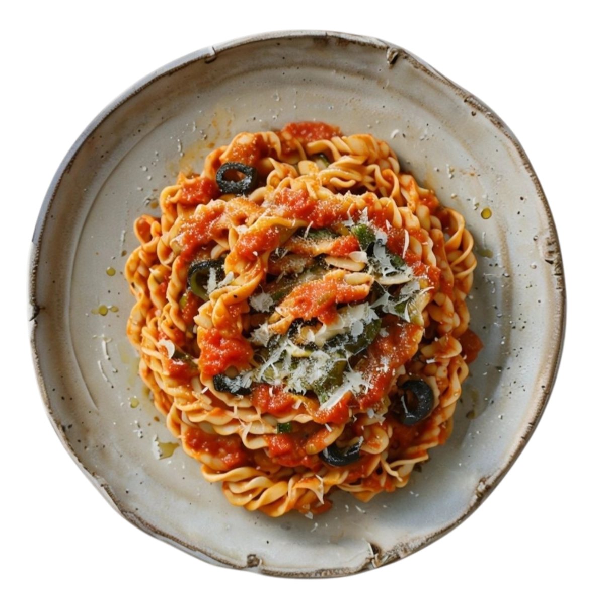 Pasta napolitana con aceitunas negras, tomate y queso rallado en Kokcha