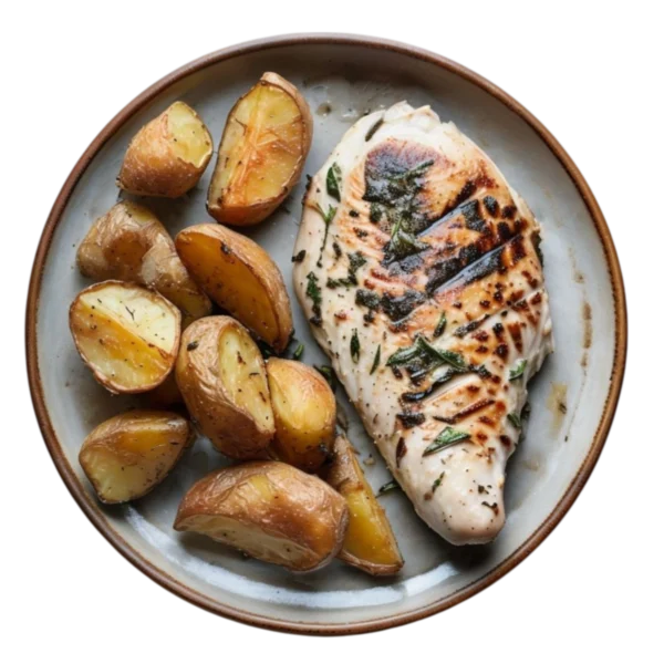 Pechuga de pollo marinada a la brasa con especias servida con patatas en Kokcha