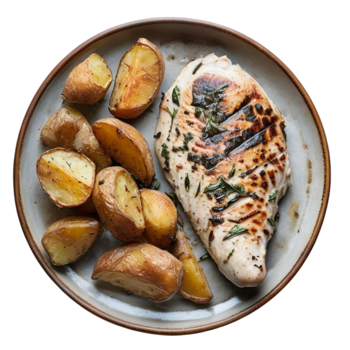 Pechuga de pollo marinada a la brasa con especias servida con patatas en Kokcha