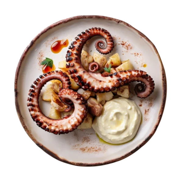 Pulpo a la brasa con toque ahumado, patatas y alioli en Kokcha Barcelona
