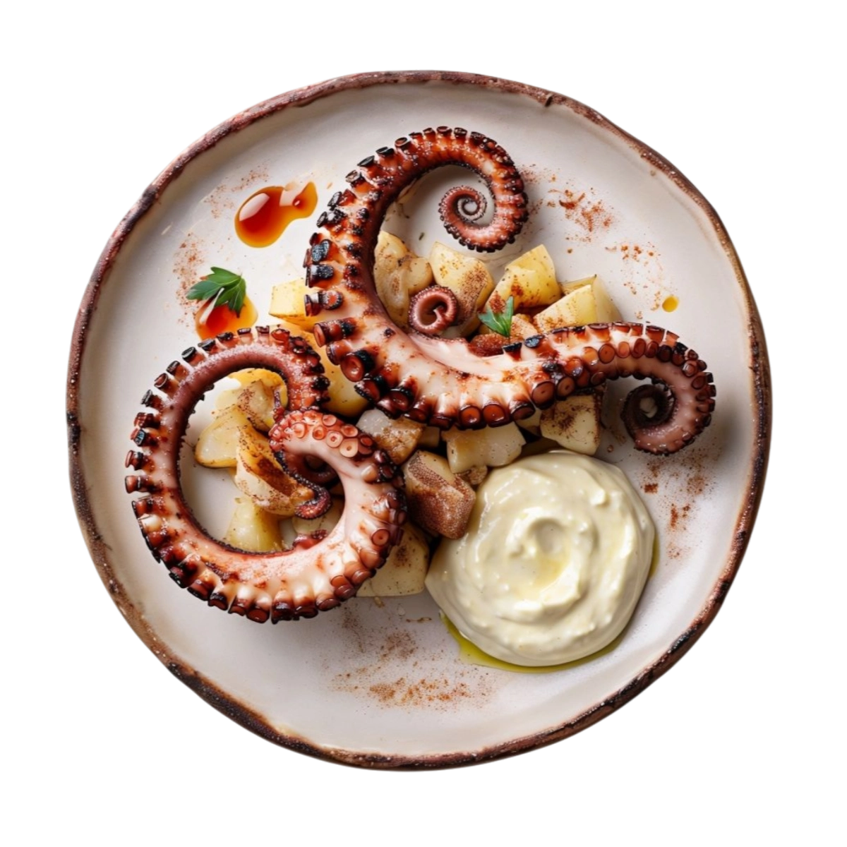 Pulpo a la brasa con toque ahumado, patatas y alioli en Kokcha Barcelona