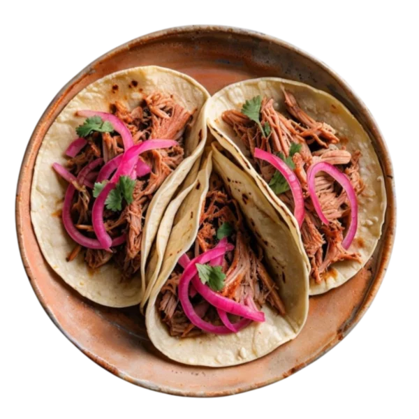 Cochinita pibil en tortilla de maíz con cebolla morada encurtida en Kokcha Barcelona