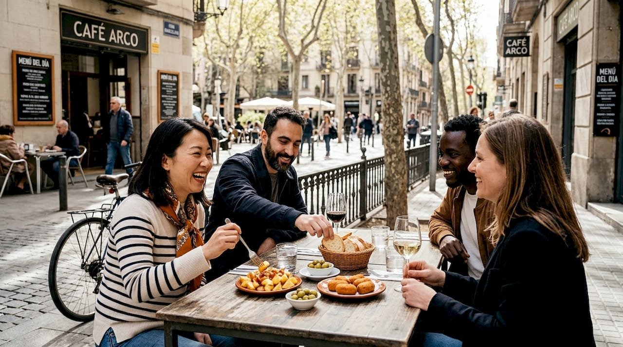 Un grupo de amigos de diferentes países disfrutando juntos de una comida en Barcelona