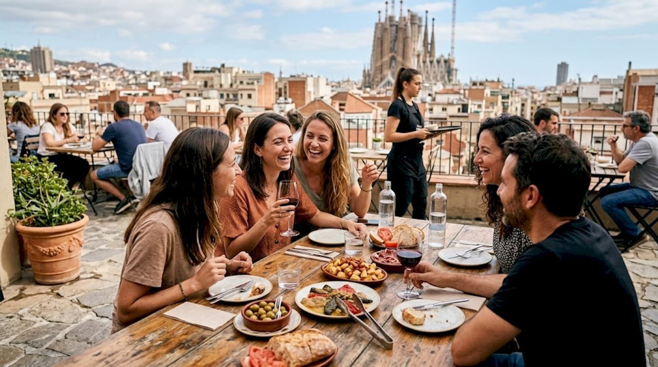 Un grupo de amigos compartiendo una comida en una terraza de Barcelona, disfrutando del buen ambiente y la brisa mediterránea.