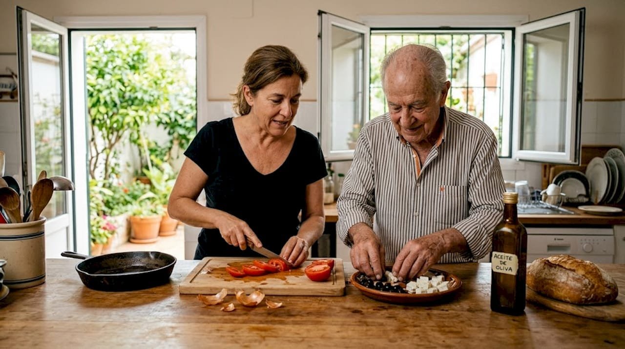 Una familia se reúne en la cocina de casa para preparar juntos una comida mediterránea.
