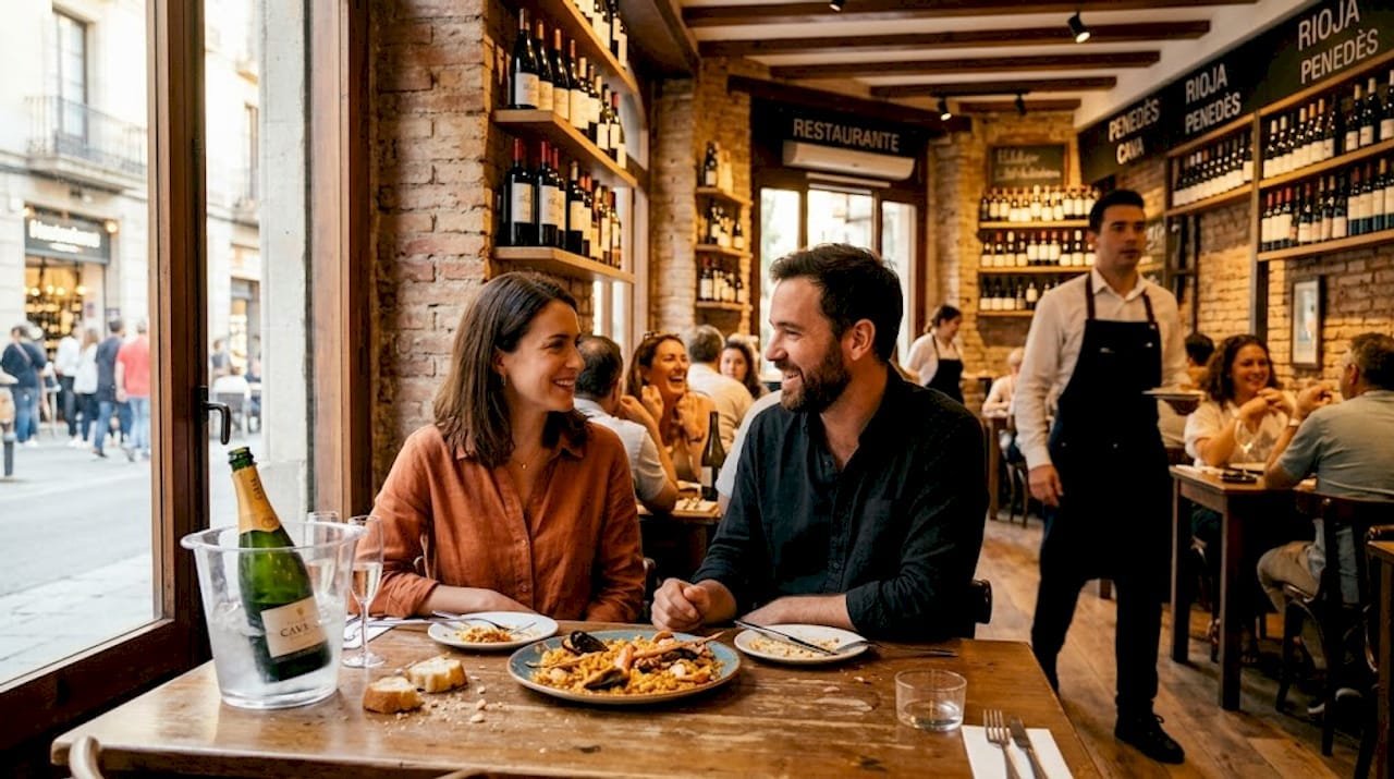 Una pareja disfruta de una cena mediterránea en Barcelona, saboreando platos típicos en un ambiente acogedor junto al mar.