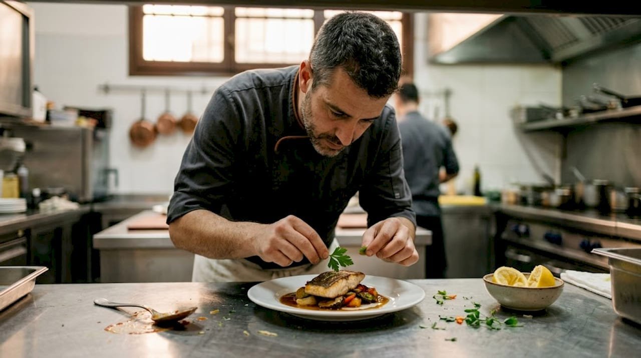 Un chef pone el toque final a su creación en una cocina profesional.