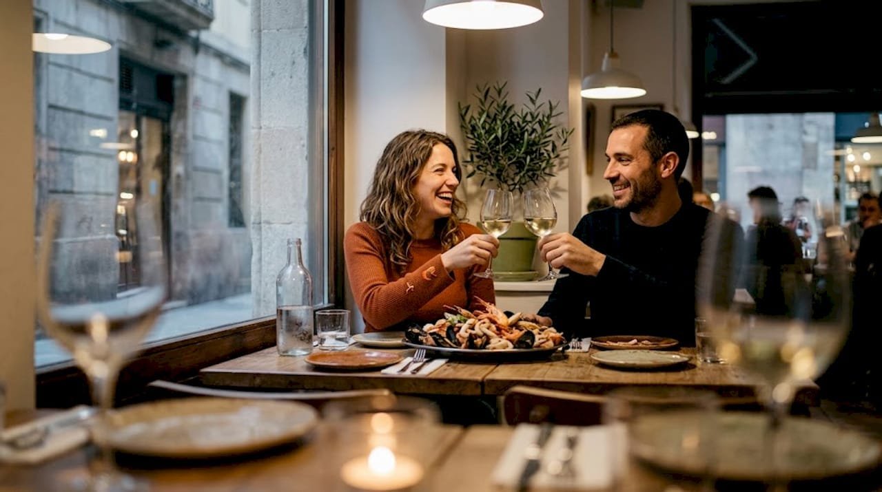 Una pareja disfruta de una cena en un restaurante de cocina mediterránea en pleno corazón de Barcelona.