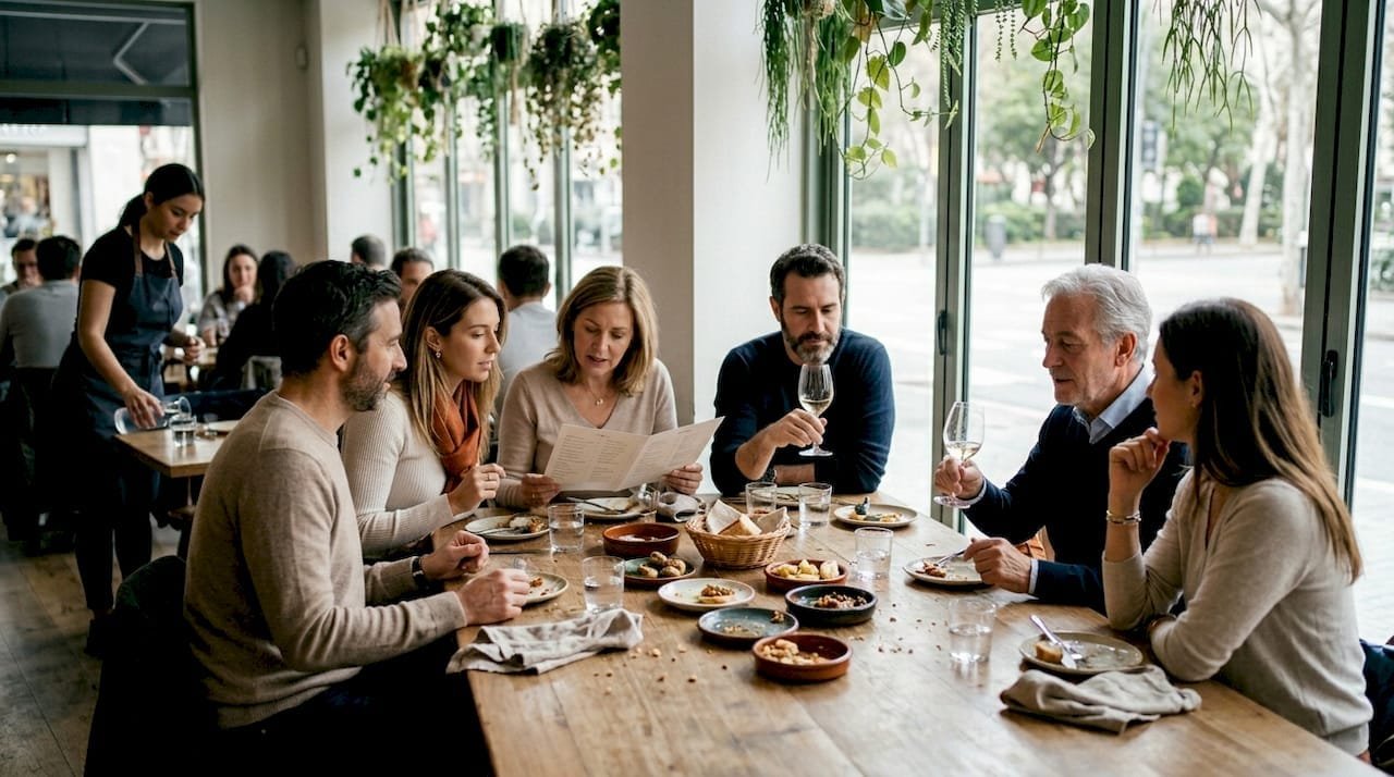 Un grupo de amigos charla animadamente en un restaurante mediterráneo con auténtico sabor.