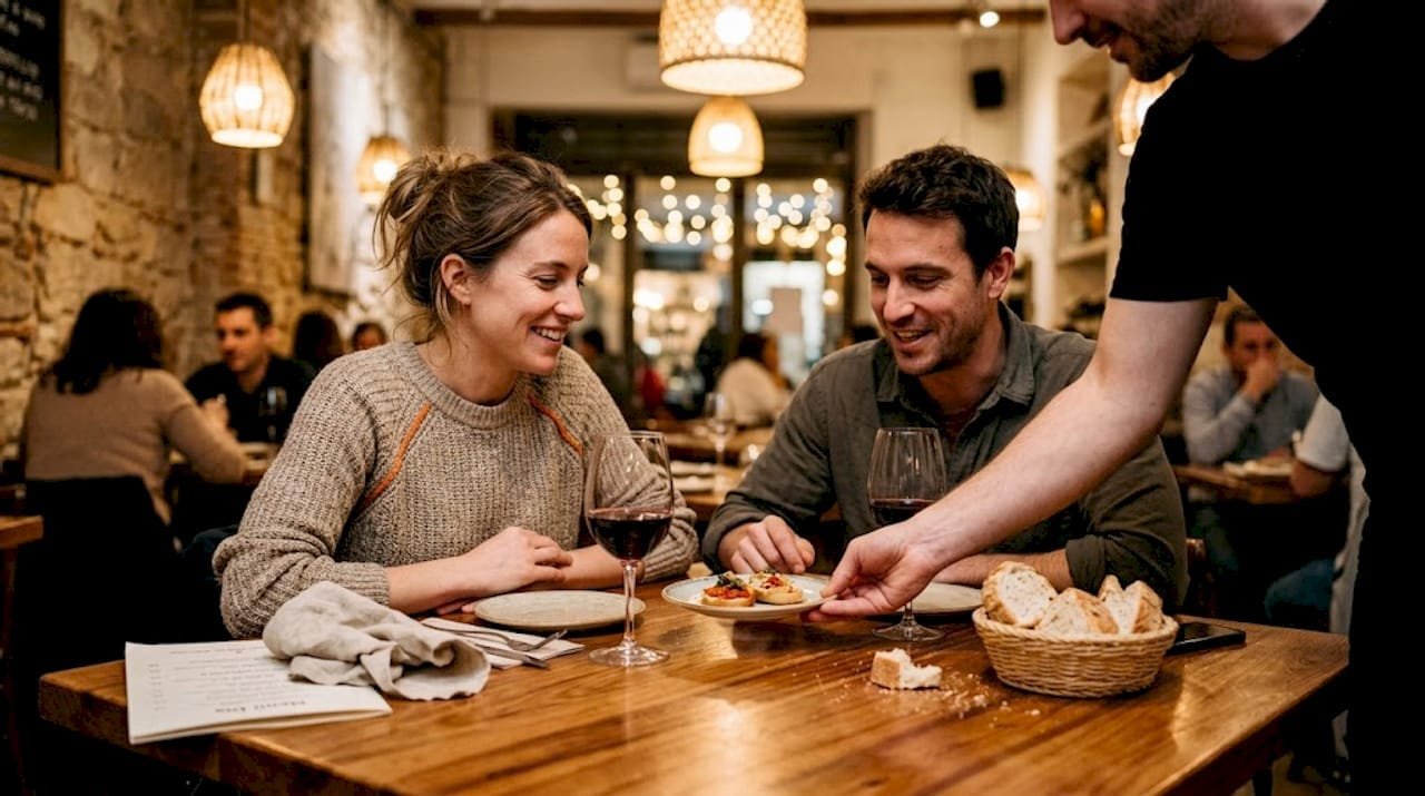 Una pareja disfruta de una cena con menú degustación en un restaurante.