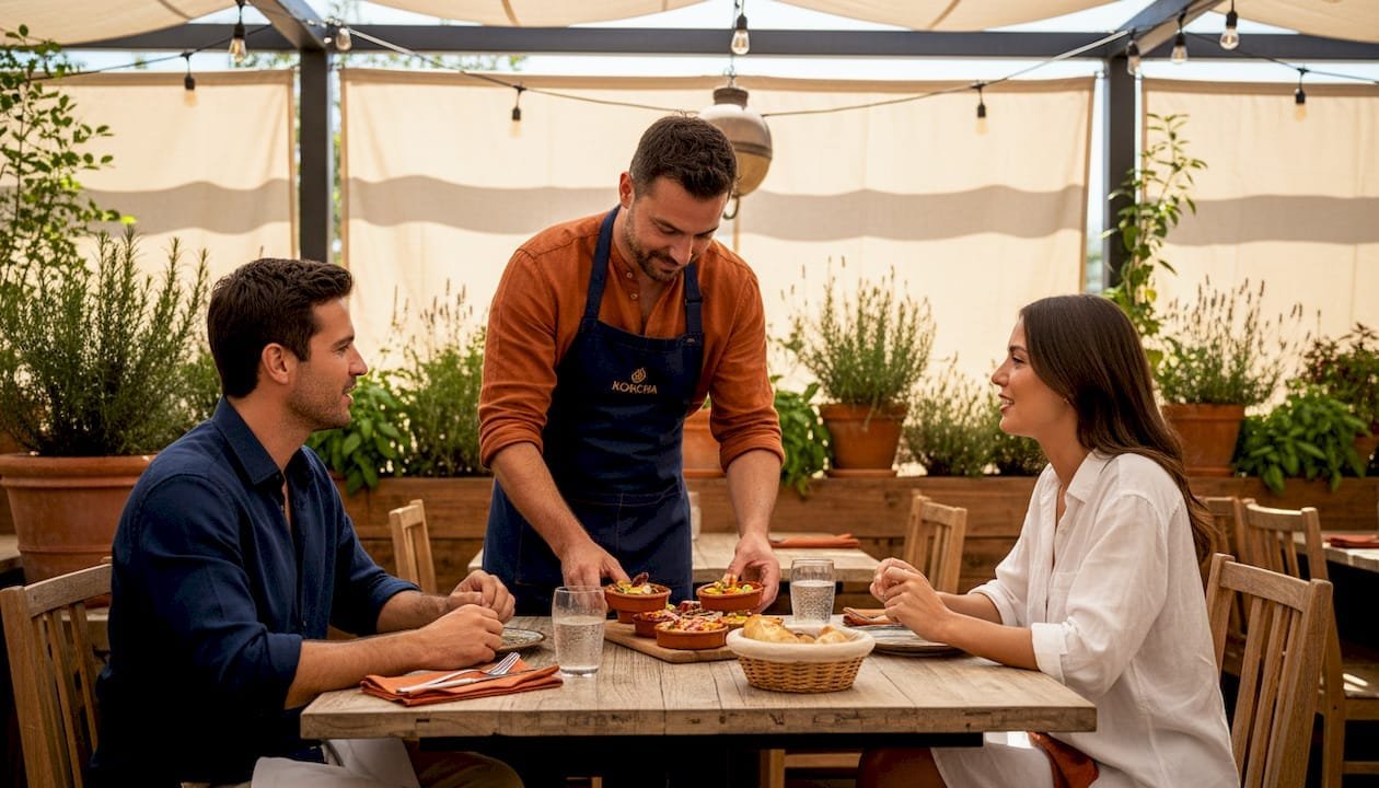 Un camarero atiende a los clientes sirviendo tapas en una terraza típica del Mediterráneo.