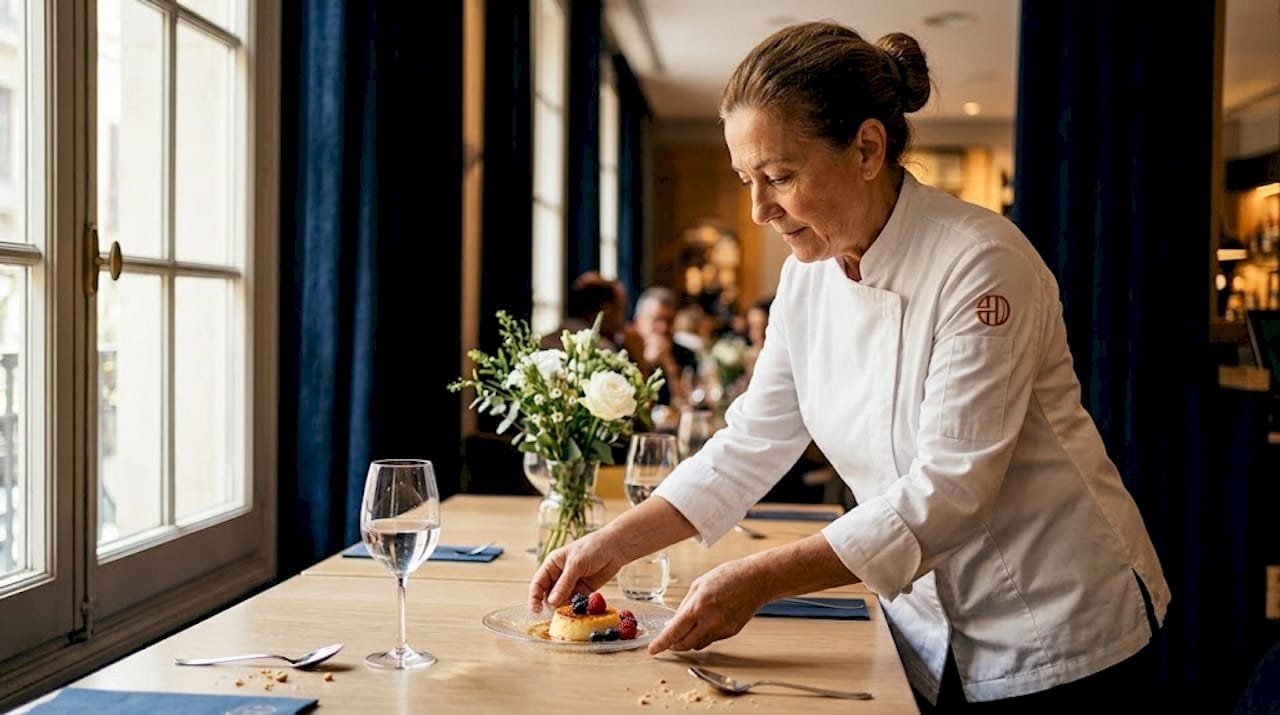 El chef presenta un postre en el restaurante