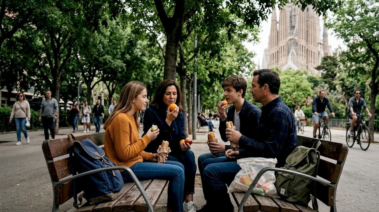 Una familia disfruta de un picnic sentada en un banco frente a la Sagrada Familia.