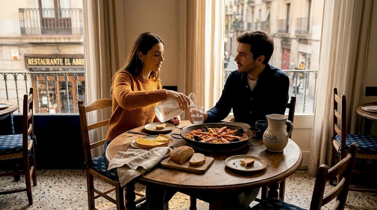 Comensales disfrutando de una comida mediterránea seguida de un delicioso postre.