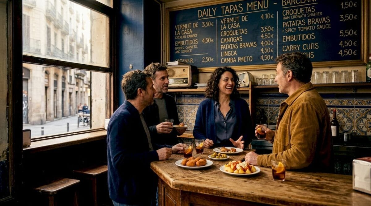 Locals enjoy tapas at cozy Barcelona bar