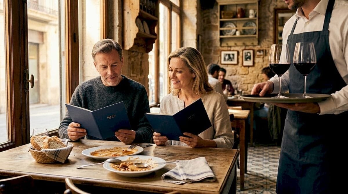 Couple at Barcelona restaurant table with meat dish