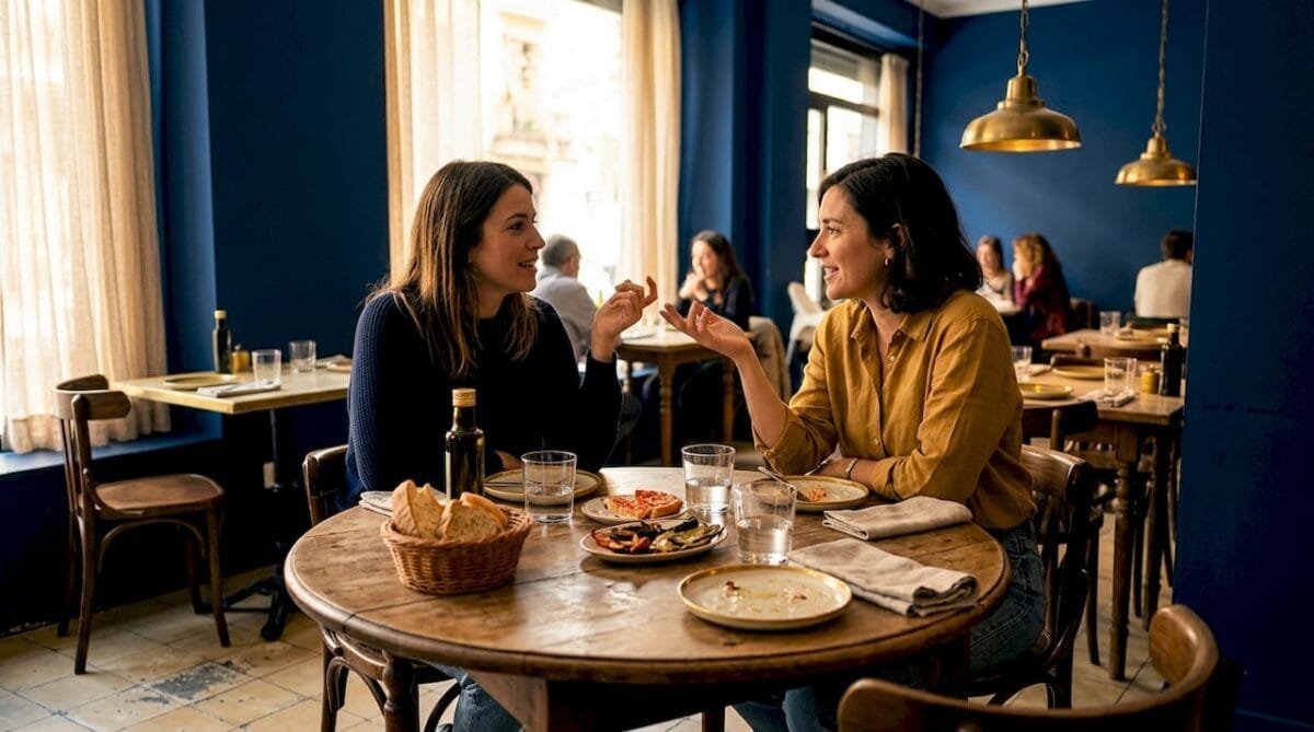 Locals chatting in Mediterranean restaurant Barcelona