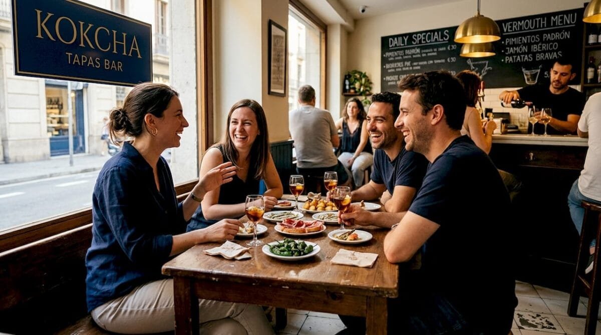 Barcelona friends enjoying tapas bar table