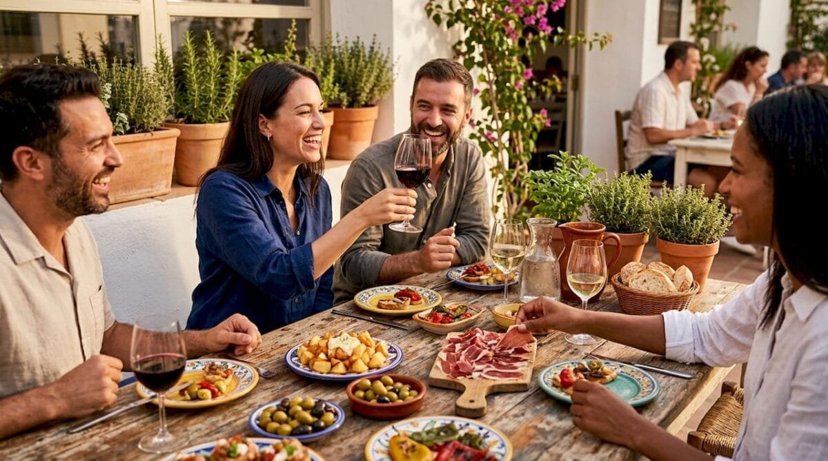 Friends sharing tapas at Barcelona restaurant