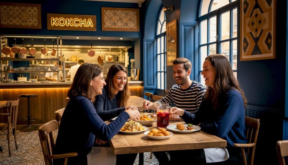 Friends sharing tapas in Barcelona restaurant
