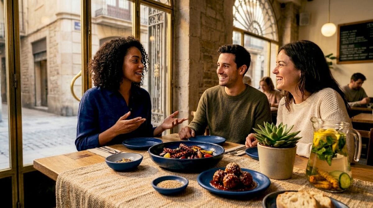 Diners sharing fusion tapas in Barcelona restaurant