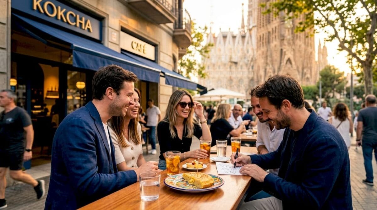 Friends sharing tapas near Sagrada Familia