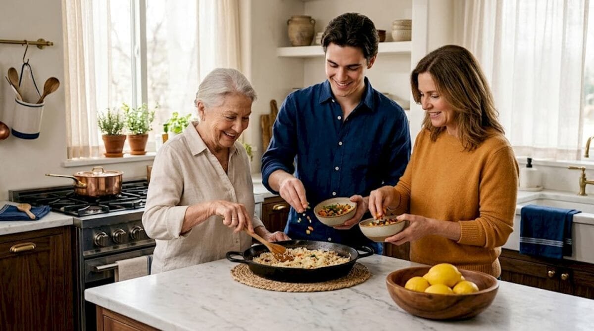 Family cooking paella in lively home kitchen
