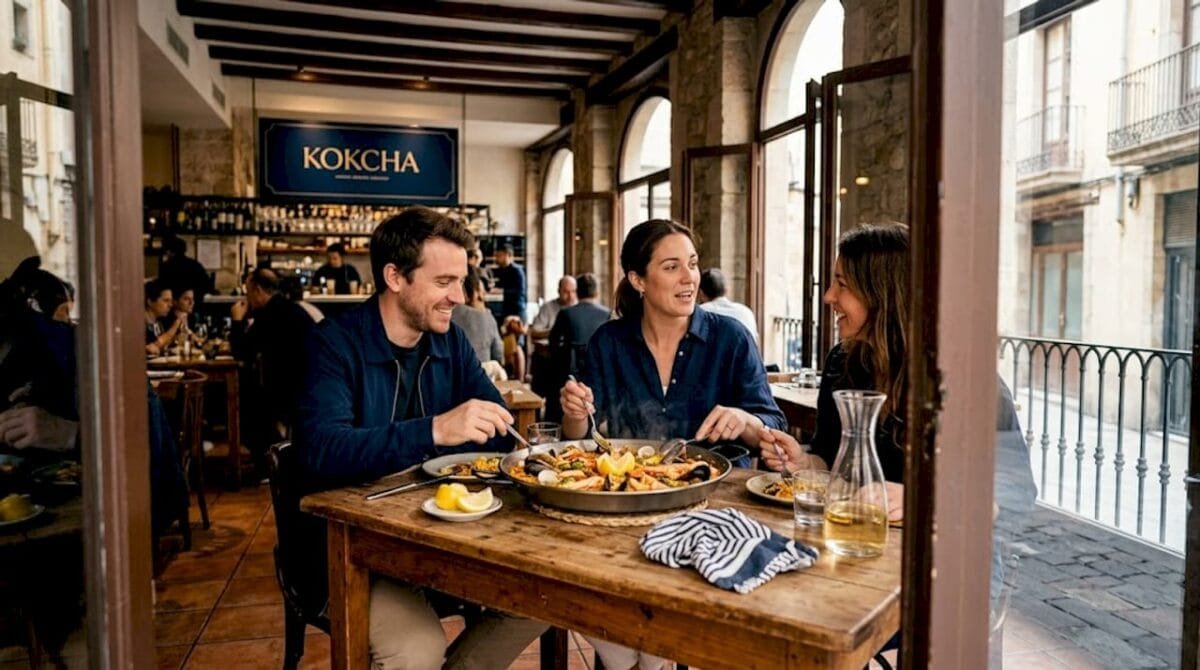 Diners sharing paella in Barcelona restaurant