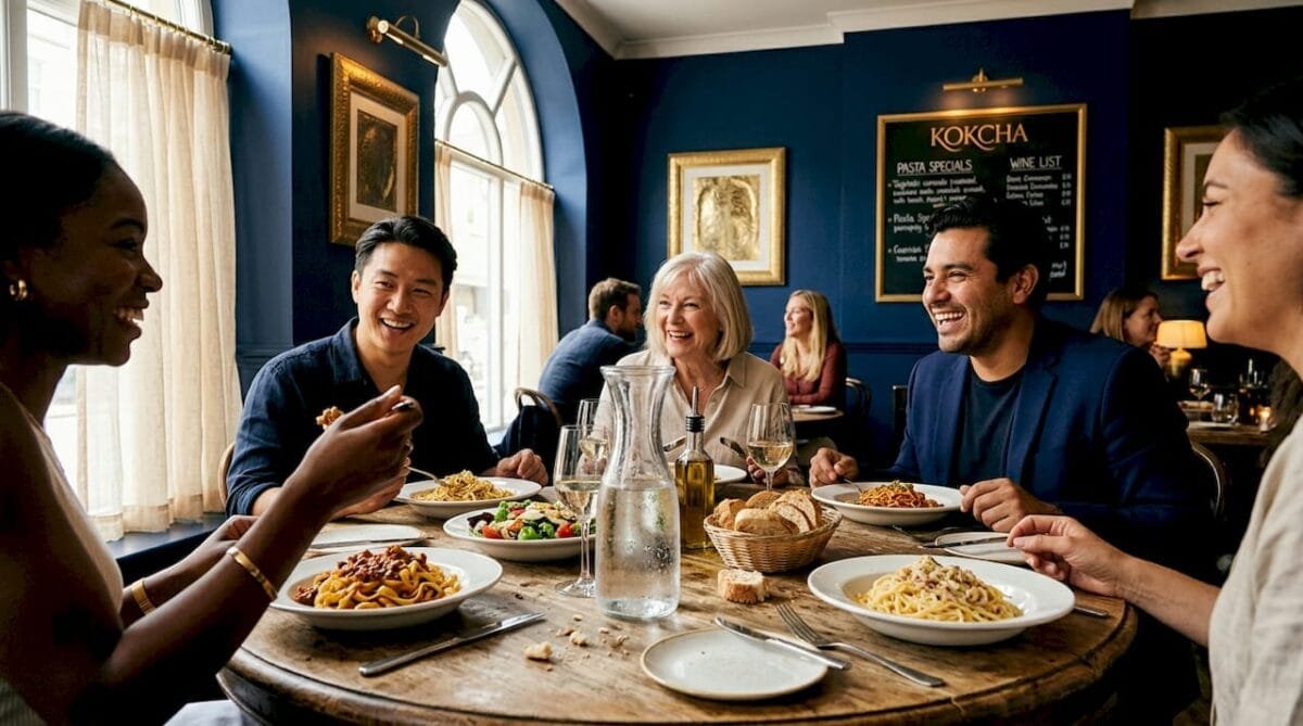 Guests sharing food at sunny Mediterranean restaurant