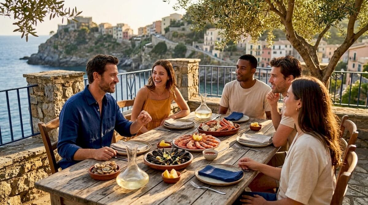 Friends sharing Spanish mariscos seafood outdoors