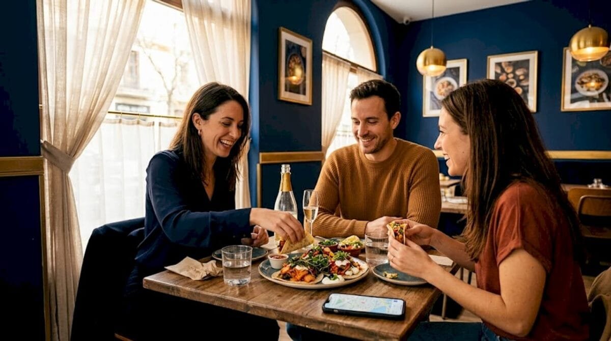 Friends sharing fusion tacos in Barcelona restaurant