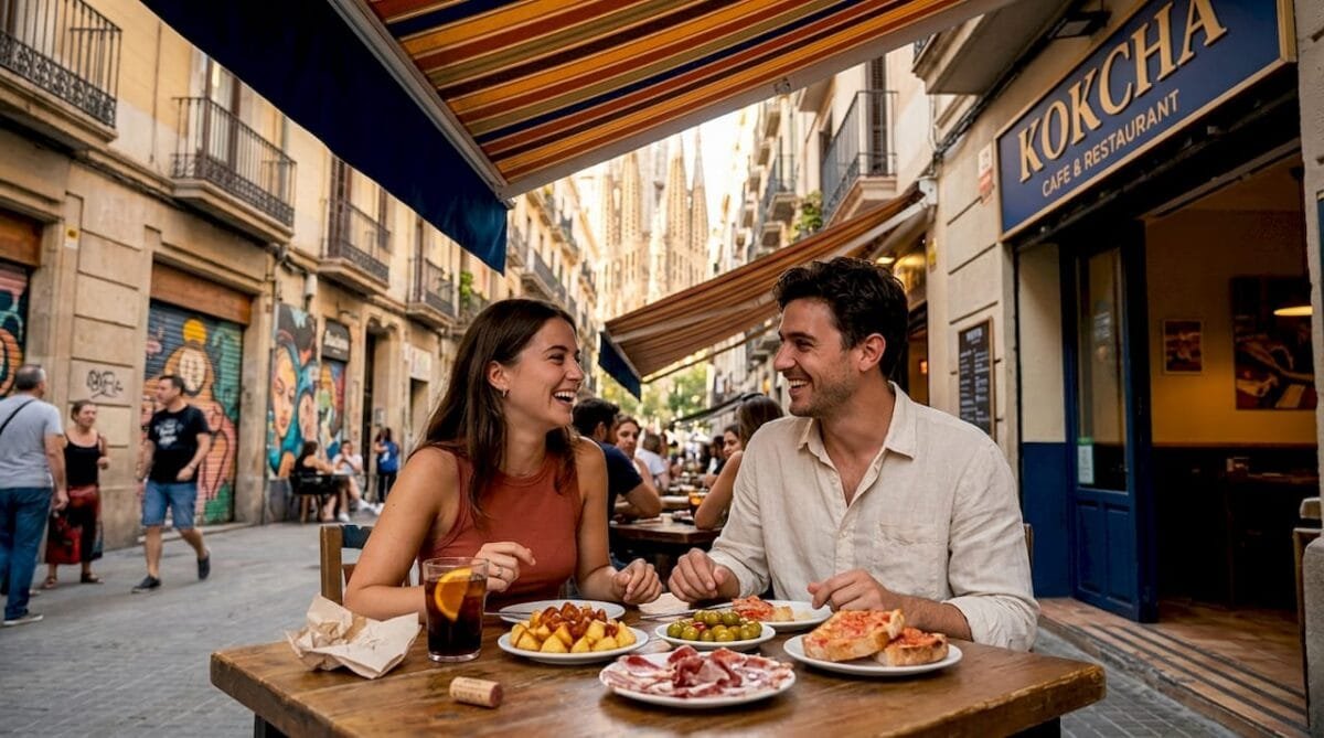 Couple dining steps from Sagrada Familia