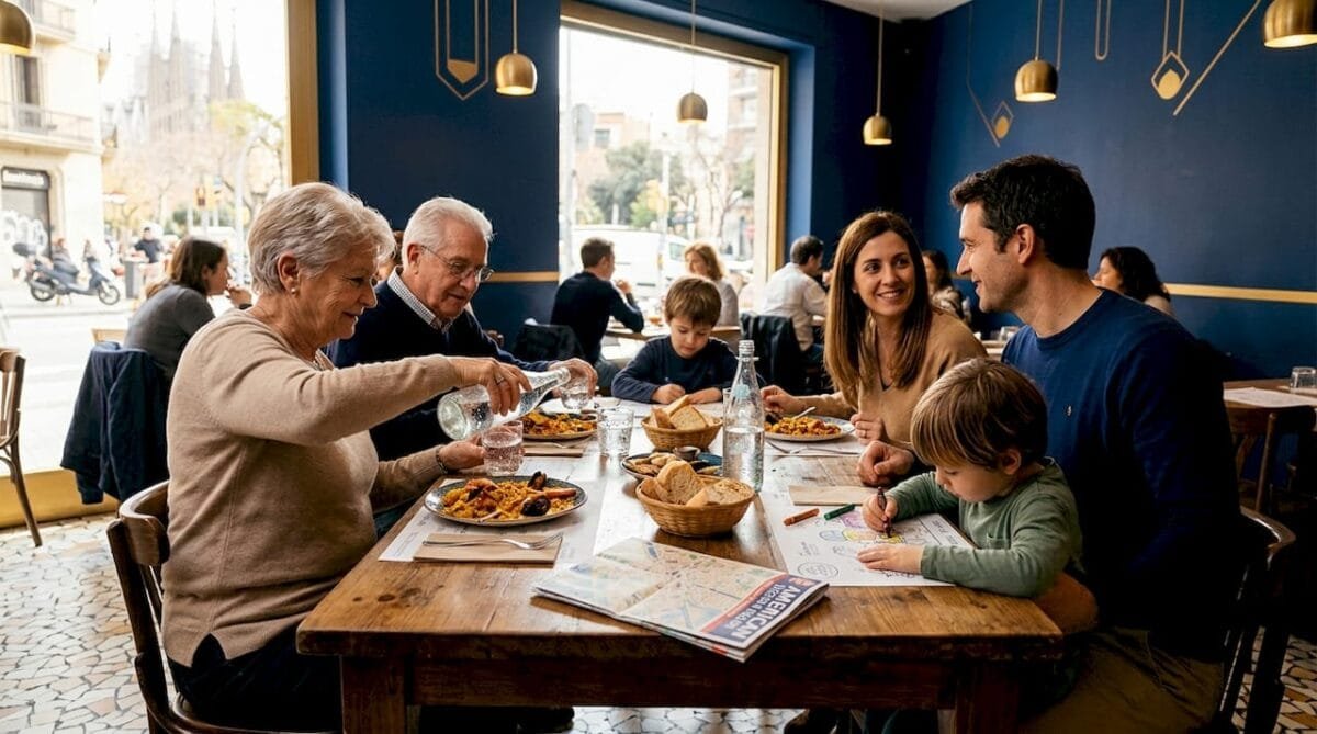 Family enjoying meal at Barcelona restaurant