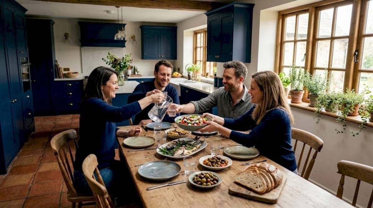 Casual Mediterranean meal at bright kitchen table