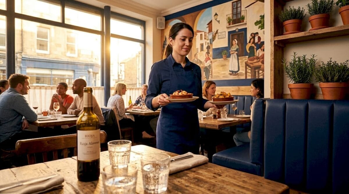 Server carrying tapas in modern Spanish restaurant