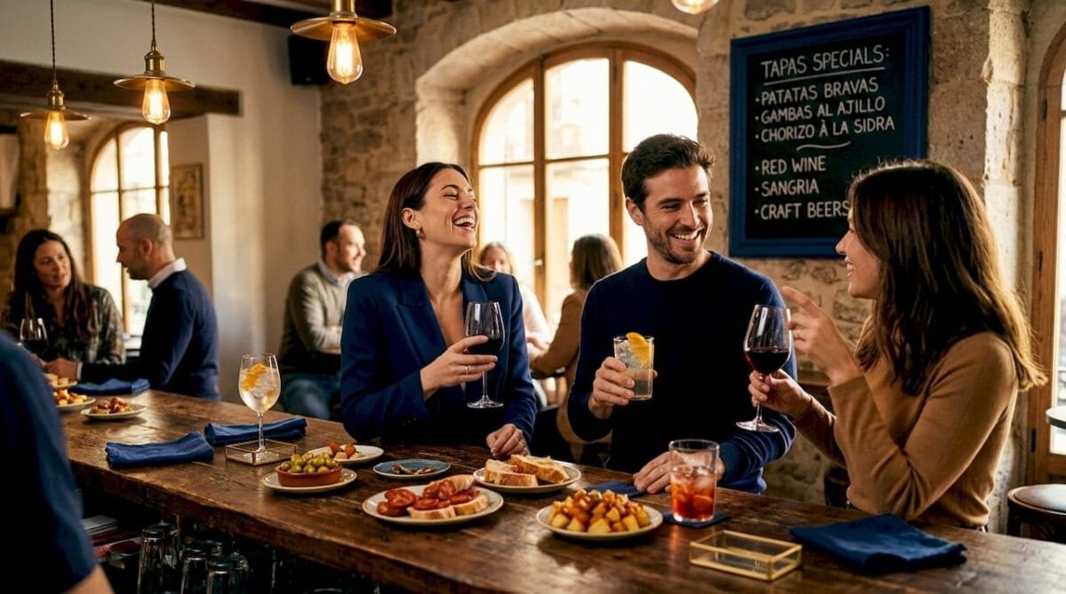 Friends sharing tapas in lively Spanish bar