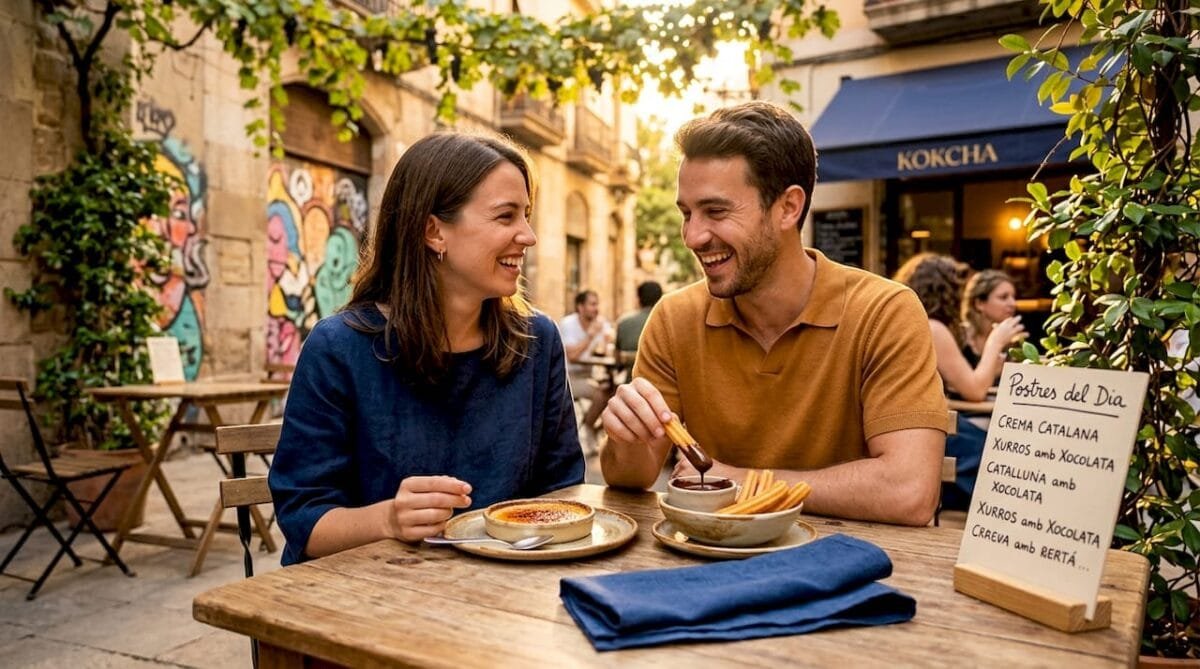 Couple enjoying Spanish desserts in Barcelona café