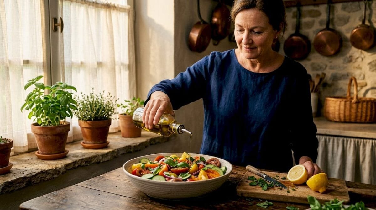 Home cook preparing Mediterranean salad with olive oil