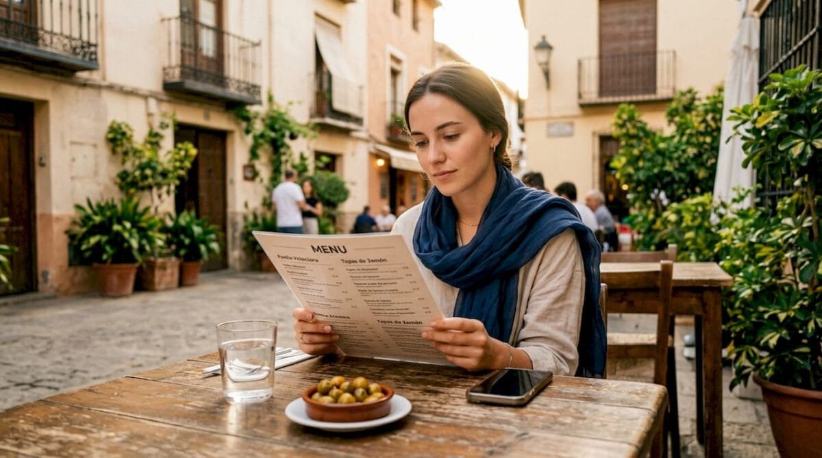 Woman reading Spanish menu at outdoor café