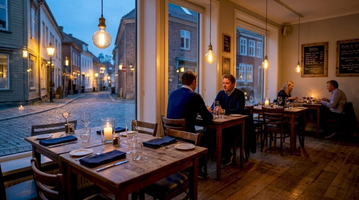 Cozy urban restaurant interior with warm lighting