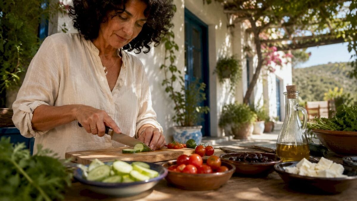 Woman preparing Mediterranean salad with fresh vegetables