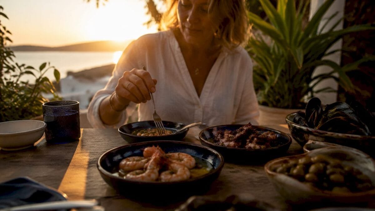 Mediterranean seafood tapas on wooden table