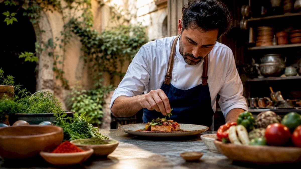 Spanish chef plating modern dish in kitchen