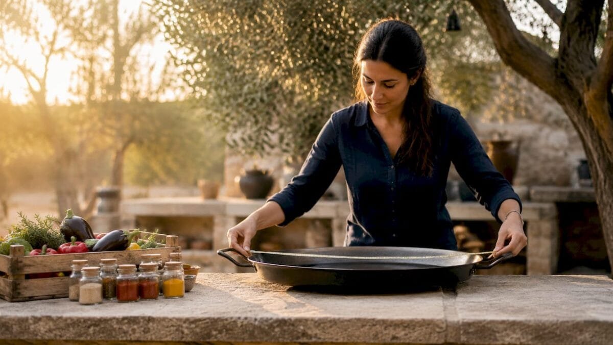Event planner measuring size of paella pan