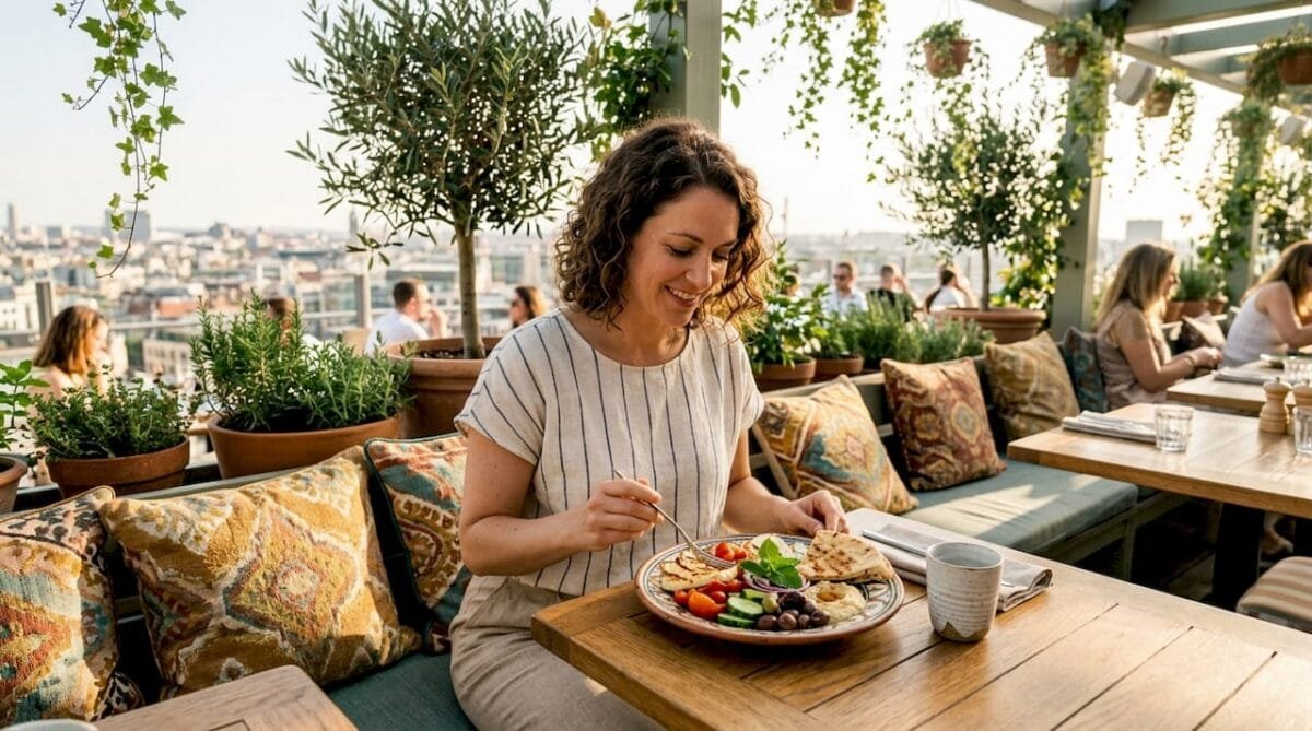 Woman dining alone on restaurant terrace outdoors